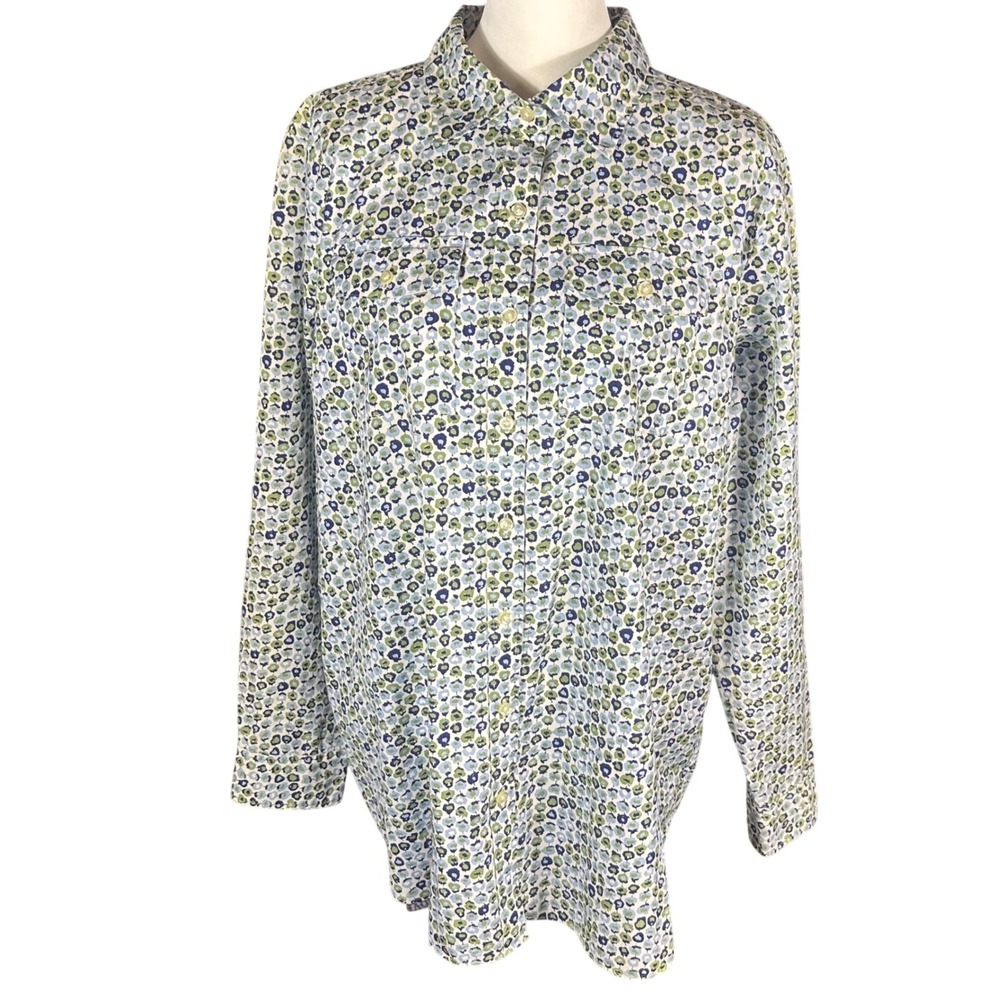 Lands' End Button Down Shirt Womens 2X Blue Green Floral Long Sleeve Cotton